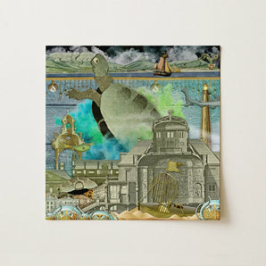 Down where It’s Wetter Pt 3 - Sea Turtle Collage Art Print Prints Surreal Collage Artwork Textured Turtle Turquoise Water Amidst Sea