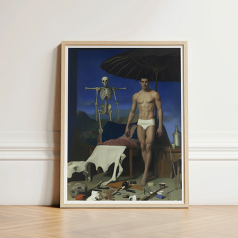 Framed Painting Muscular Man White Umbrella Skeleton Set Gay Vampire Art, Print