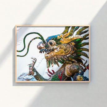 Vibrant Mosaic Dragon Artwork Light Wooden Frame Intricate Vietnamese, Art, Behold Drag Racer