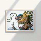 Vibrant Mosaic Dragon Artwork Light Wood Frame Intricate Vietnamese, Art, Behold Drag Racer