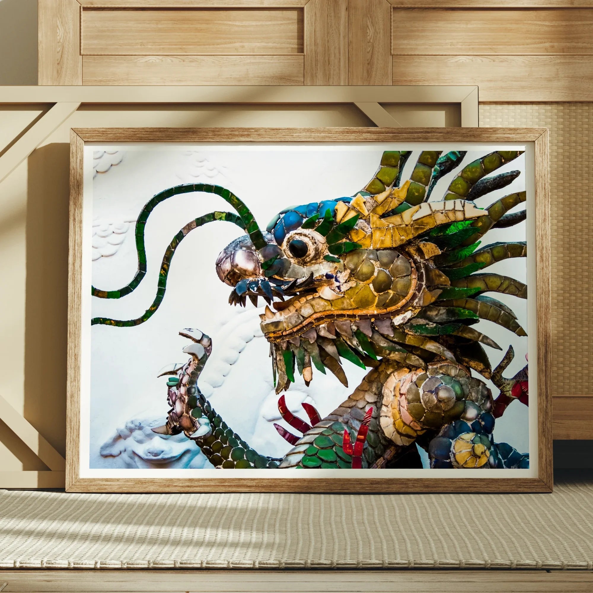 Drag Racer Vietnamese Dragon Mosaic Art Print, Colorful Dragon Artwork Intricate Metallic Elements Traditional Asian