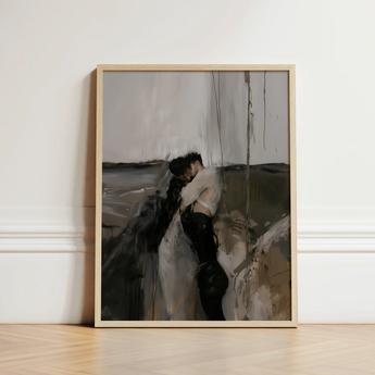 Minimalist Wooden-framed Abstract Painting Two Figures Embrace Rendered Latino Gay Couple, Surreal, Art Print