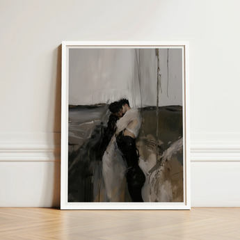 Minimalist White-framed Art Print Abstract Moody Depiction Two Latino Gay Couple, Surreal