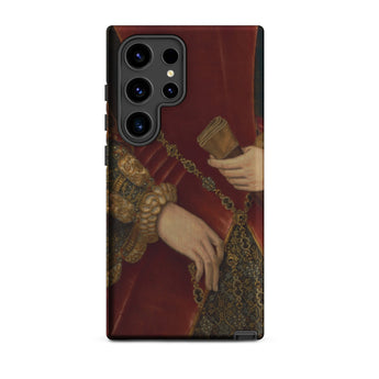 Duchess of Norfolk - Hans Eworth Phone Case Samsung Galaxy S24 Ultra / Matte Red Velvet-clad Hand Golden Chain Scroll Printed Sleek Hans