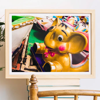 No Dumbo Giclée Print / Canvas Framed Photograph Yellow Cartoon Mouse Carnival Ride Figure, Vibrant Carousel Elephant, Fair Trade Practices