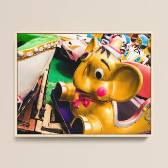 No Dumbo Giclée Print / Canvas Golden Metallic Mouse-shaped Ride Vehicle Pink Nose Bow, Vibrant Carousel Elephant, Fair Trade Practices