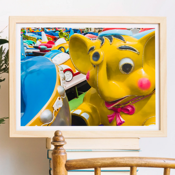 No Dumbo Three Giclée Print, Framed Photograph Colorful Carnival Ride Animals Yellow Elephant