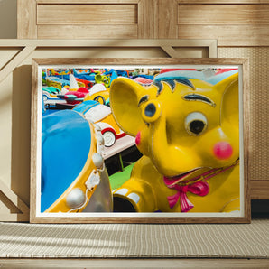 No Dumbo Three Giclée Print, Framed Photograph Colorful Carnival Ride Characters Yellow Elephant