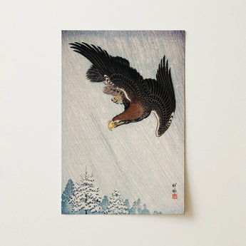 Black Brown Eagle Detailed Soars Snowy Rain-swept Sky Ohara Koson, Art Print, Flying, Snow Falls Sideways, Watanabe’s Shop