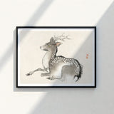 Framed Ink Wash Painting Spotted Deer Delicate Antlers Kōno Bairei’s Elk, Nihonga Art Print, Meiji-era Artistry