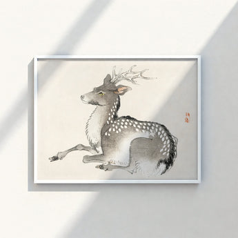 Framed Ink Wash Painting Spotted Deer Delicate Antlers Kōno Bairei’s Elk, Nihonga Art Print, Meiji-era Artistry