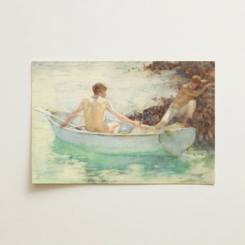 Soft Watercolor Painting Depicts Light Blue Rowboat Two Henry Scott, Tuke, Art, Print, Oarsman Dips, Viridian Shadow, Male Nude