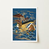 Embroidered Fukusa - Meiji Era Textile Art Print / Canvas Framed Japanese Woodblock Traditional Temple Red-tiled Roof Silk, Peasants