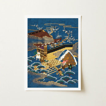 Embroidered Fukusa - Meiji Era Textile Art Print / Canvas Framed Japanese Woodblock Traditional Temple Red-tiled Roof Silk, Peasants