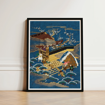 Framed Japanese Ukiyo-e Style Print Traditional Wooden Bridge Embroidered Silk Fukusa, Peasants Bearing Tribute, Meiji Era Textile