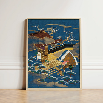 Framed Japanese-style Embroidered Artwork Vibrant Blue Background Gold Silk Fukusa, Peasants Bearing Tribute, Meiji Era Textile