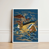 Framed Japanese-style Artwork Traditional Wooden Bridge Stylized Waves Embroidered Silk Fukusa, Peasants Bearing Tribute, Meiji Era Textile