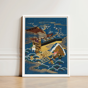Framed Japanese-style Artwork Deep Blue Background Gold Accents Embroidered Silk Fukusa, Peasants Bearing Tribute, Meiji Era Textile