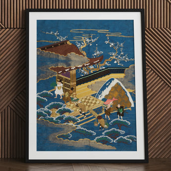 Embroidered Fukusa - Meiji Era Textile Art Print / Canvas Blue Gold Chess Set Wooden Pieces Black Frame Silk, Peasants Bearing Tribute,