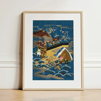 Embroidered Fukusa - Meiji Era Textile Art Print / Canvas Framed Japanese Ukiyo-e Style Traditional Scene Figures Silk, Peasants Bearing