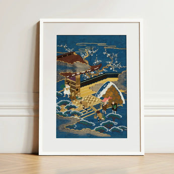 Embroidered Fukusa - Meiji Era Textile Art Print / Canvas Framed Japanese Woodblock Traditional Scene Cherry Blossoms Silk, Peasants