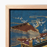 Framed Piece Traditional Japanese Embroidery Detailed Depiction Temple Embroidered Silk Fukusa, Peasants Bearing Tribute, Meiji Era Textile