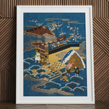 Embroidered Fukusa - Meiji Era Textile Art Print / Canvas, Embroidered Silk Fukusa, Peasants Bearing Tribute, Meiji Era Textile