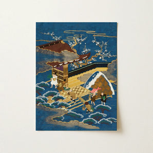 Embroidered Fukusa - Meiji Era Textile Art Print / Canvas Traditional Japanese Ukiyo-e Style Wooden Bridge Ornate Silk, Peasants Bearing
