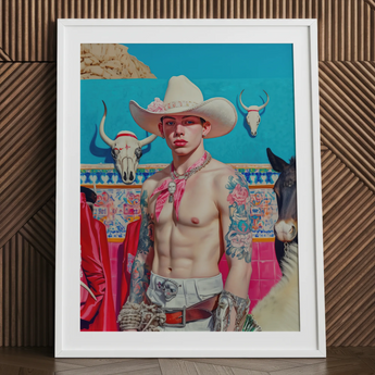 Emilio - Stampa Pop Art Lowbrow Cowboy / Canvas, 24x32’’ / 61x81cm / Cornice bianca / Passepartout, Poster, Stampe e Opere d’arte visiva, Toby Leon