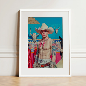 Emilio - Lowbrow Cowboy Pop Art Print / Canvas, 12x16’’ / 31x41cm / White Frame / Matboard, Posters Prints & Visual Artwork, Toby Leon