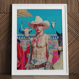 Emilio - Lowbrow Cowboy Pop Art Print / Canvas Framed Artwork Tattooed Man White Hat Red, Stands Prints