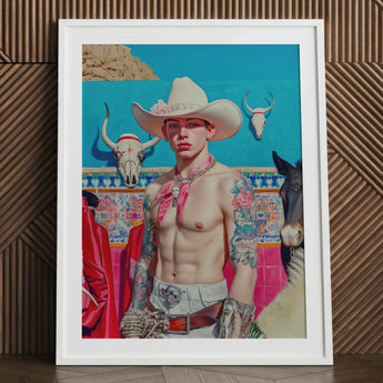 Emilio - Lowbrow Cowboy Pop Art Print / Canvas Framed Artwork Tattooed Man White Hat Red, Stands Prints