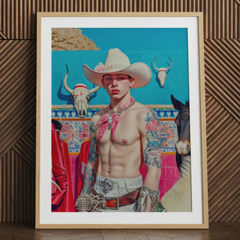 Emilio - Lowbrow Cowboy Pop Art Print / Canvas Framed Portrait Tattooed Man White Cowboy Hat Red Lowbrow Pop, Pop Art, Emilio Stands