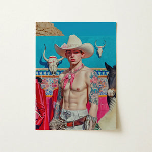 Emilio - Lowbrow Cowboy Pop Art Print / Canvas Vibrant Detailed Painting Tattooed Man White Hat, Stands Prints