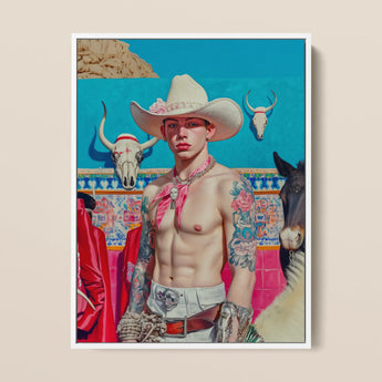 Emilio - Lowbrow Cowboy Pop Art Print / Canvas Vibrant Framed Painting Depicts Tattooed Man White, Stands Prints