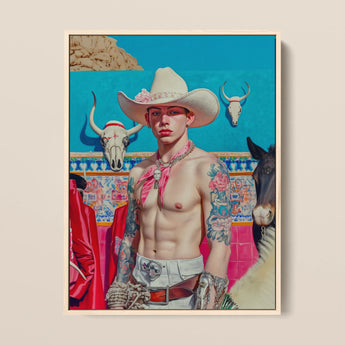 Emilio - Lowbrow Cowboy Pop Art Print / Canvas Vibrant Framed Painting Tattooed Man White Cowboy Hat Lowbrow Pop, Pop Art, Emilio Stands