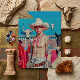 Emilio - Lowbrow Cowboy Pop Art Print / Canvas Vibrant Stylized Portrait Tattooed Man White Cowboy Hat Lowbrow Pop, Pop Art, Emilio Stands
