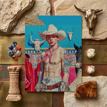 Emilio - Lowbrow Cowboy Pop Art Print / Canvas Vibrant Stylized Portrait Tattooed Man White Cowboy Hat Lowbrow Pop, Pop Art, Emilio Stands