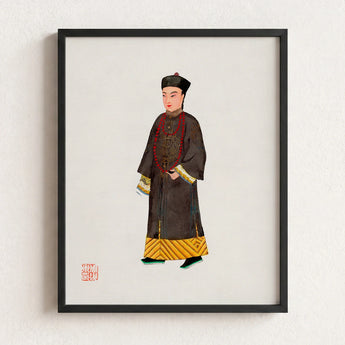 Black-framed Artwork Traditional Chinese Figure Dark Brown Gold Qing Dynasty Manchu, Fashion Art, Bureaucratic Finesse