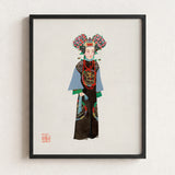 Framed Illustration Traditional Chinese Imperial Woman Ornate Multi-colored Qing Dynasty Pageantry, Manchu Fashion Art, Costumes