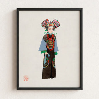 Framed Illustration Traditional Chinese Imperial Woman Ornate Multi-colored Qing Dynasty Pageantry, Manchu Fashion Art, Costumes