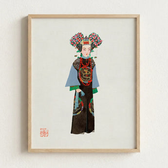 Framed Illustration Traditional Chinese Opera Performer Elaborate Costume Qing Dynasty Pageantry, Manchu Fashion Art, Costumes