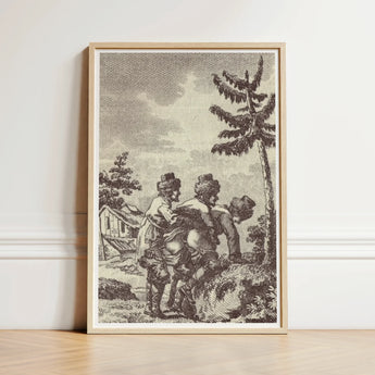 Engraving from the New Justine - Marquis De Sade Art Print / Canvas Framed Black-and-white Three Figures Historical Attire Rocky Landscape,