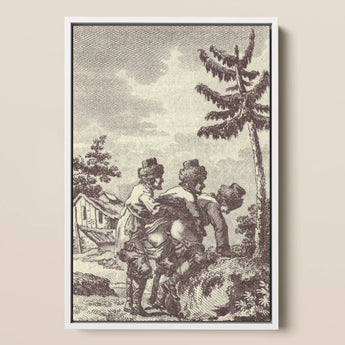 Engraving from the New Justine - Marquis De Sade Art Print / Canvas Framed Black-and-white Three Figures Rustic Attire Tree, Bare Clearing,