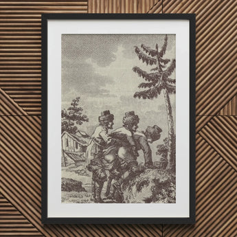 Engraving from the New Justine - Marquis De Sade Art Print / Canvas Framed Sepia-toned Illustration Three Figures Rural Landscape Hut, Bare