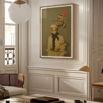 Enlightenment - Avant-garde Victorian Fashion Art Print / Canvas Framed Portrait Woman Red Ball Head, Surrealism Drapes Prints