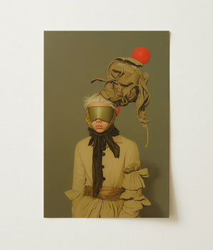 Surreal Art Print Figure Muted Beige Attire Green Avant-garde Victorian Fashion, Portrait, Surrealism Drapes