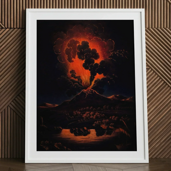 Eruption of Mount Etna at Night - f Weber Art Print / Canvas Framed Painting Volcanic Eruption Night Molten Lava Dark Etna’s Peak, Weber