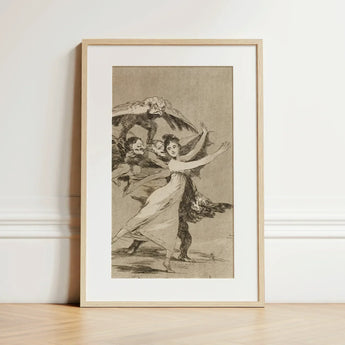 You will not Escape - Francisco De Goya Art Print / Canvas Framed Artwork Light Wood Frame White Mat Sepia-toned Woman Arches Backward,