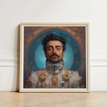Framed Portrait Man Ornate Futuristic White Gold Armor Gay Arabic Astronaut, Aesthetic, Meet Eskandar